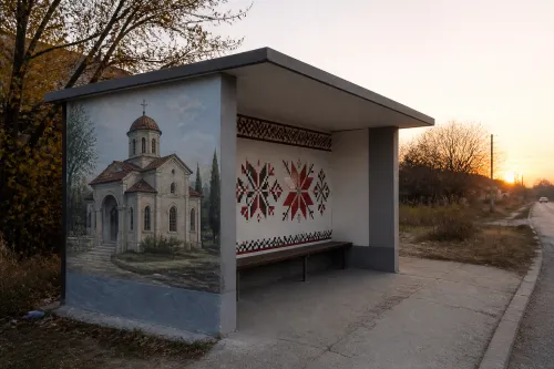 Спирката в Плаково грейна с пано на храма и шевица